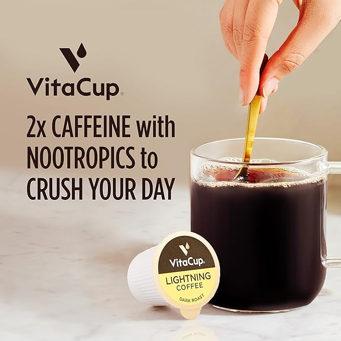 VitaCup Lightning Coffee Pods, for Memory & Focus w/ 2X Caffeine, Green Coffee Bean, B Vitamins, D3, Strong Dark Roast, Recyclable Single Serve Pod Compatible with Keurig K-Cup Brewers,32 Ct