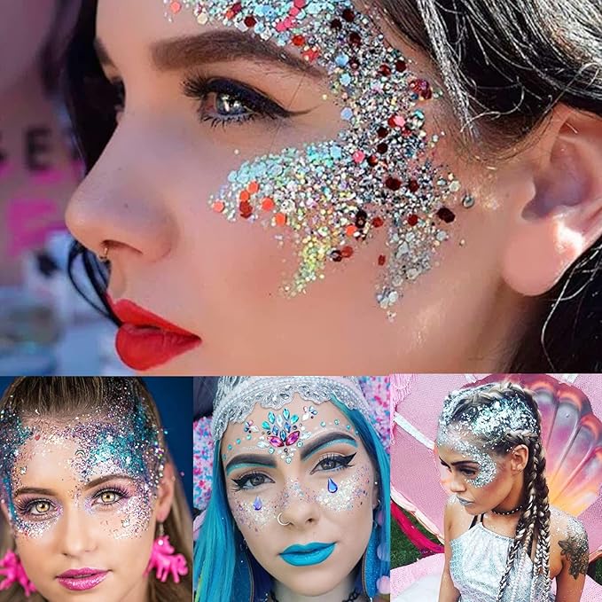 MEICOLY Blue Face Body Glitter,Halloween Face Glitter Gel,Festival Rave Accessories,Patriotic Veterans Day Independence Day 4th of July Pride Face Paint Makeup,Sparkling Mermaid Body Glitter for Women