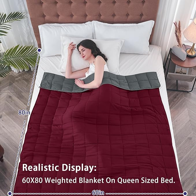 yescool Weighted Blanket for Adults (12 lbs, 60" x 80", Red Grey) Cooling Heavy Blanket for Sleeping Perfect for 110-130 lbs, Queen Size Breathable Blanket with Premium Glass Bead, Machine Washable