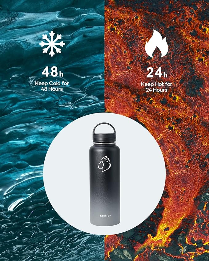 BUZIO 40 oz Water Bottle Insulated with Straw & 3 lid and Carrying Pouch, Leak Proof Anti-Slip Stainless Steel Water Flask Jug, Cold for 48 Hrs Double Vacuum Thermo Canteen, BPA-Free, Shadow