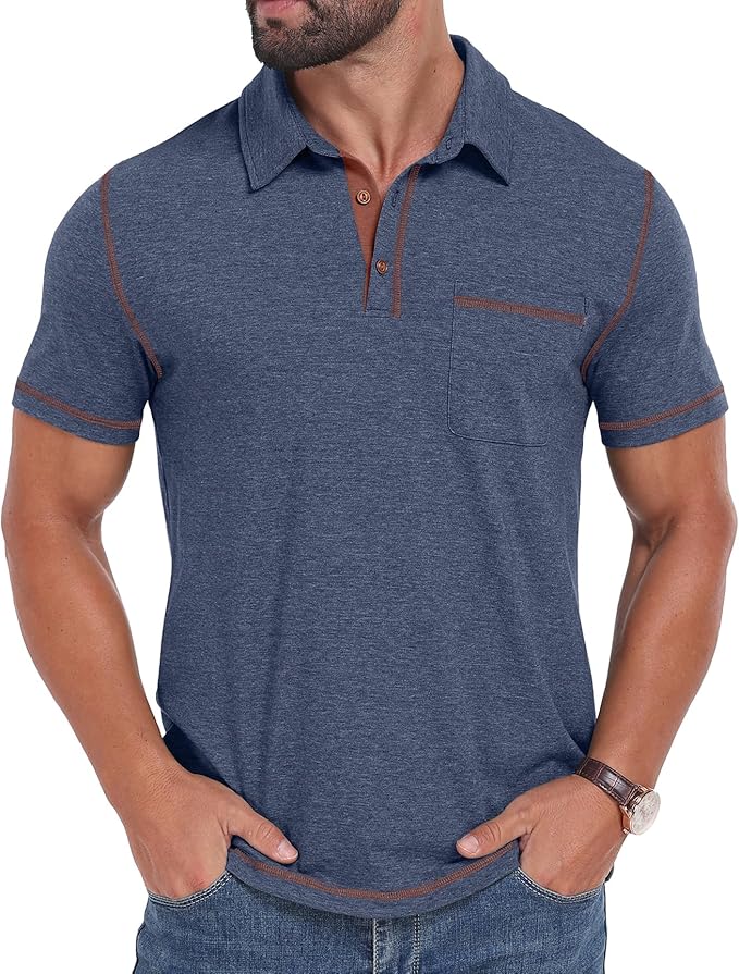 Men's Casual Short Sleeve Polo Shirt with Pocket and Contrast Trim