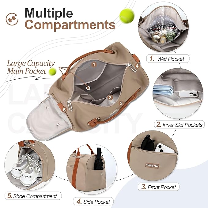 FIORETTO Womens Gym Tote Duffle Weekender Bag with Wet Pocket & Shoe Compartment, Ideal for Travel, Swimming, Dance, Khaki
