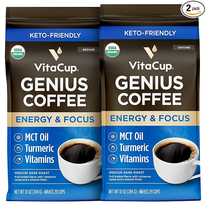 VitaCup Organic Genius Ground Keto Coffee, Increase Energy & Focus w/MCT Oil, Turmeric, B Vitamins, D3, USDA Organic Ground Coffee Medium Dark Roast, 100% Arabica Coffee Grounds, 2 bags, 10 oz each