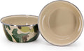 Set of four rustic camouflage enamelware 3-cup salad bowls with stainless steel rims.