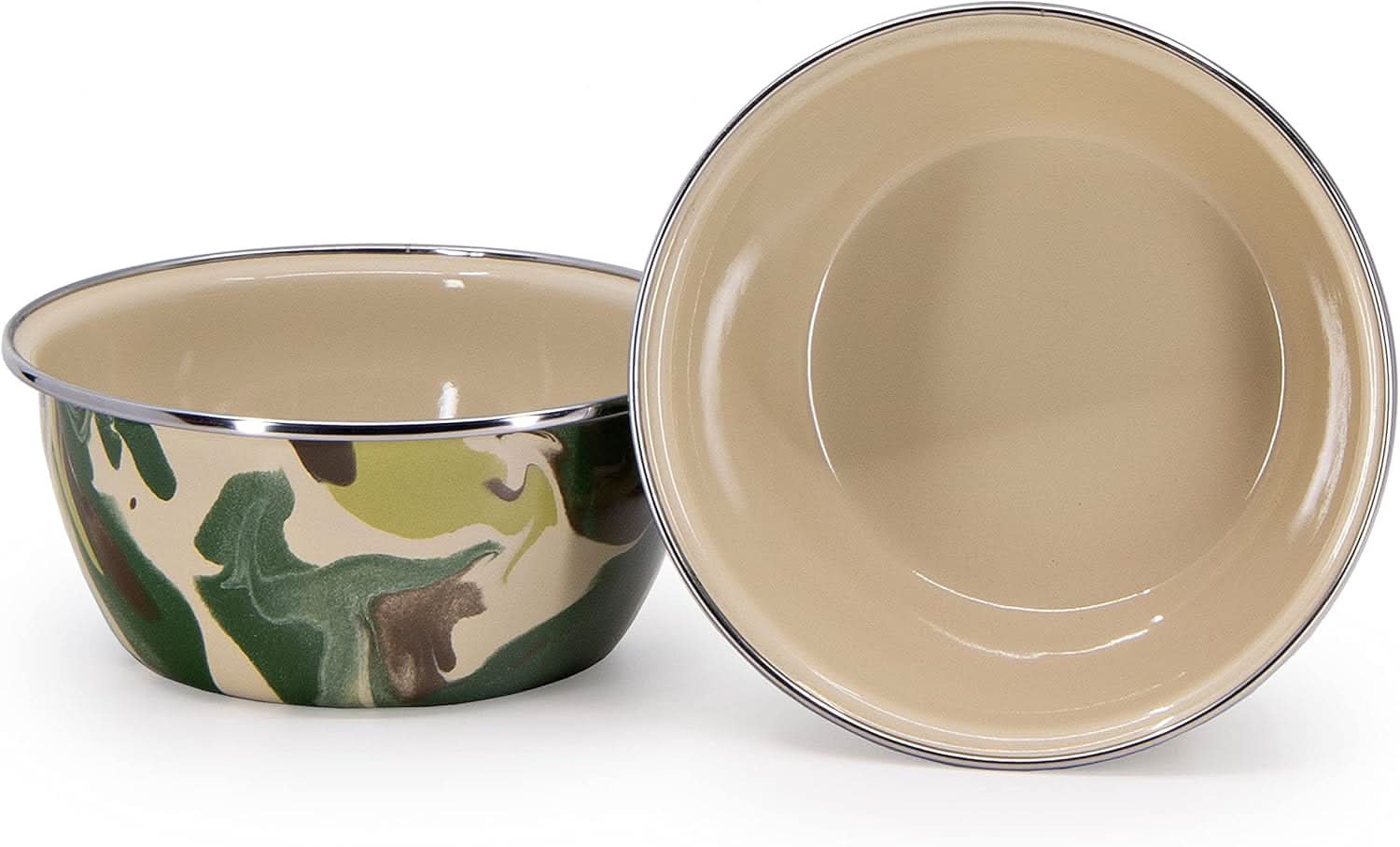 Set of four rustic camouflage enamelware 3-cup salad bowls with stainless steel rims.