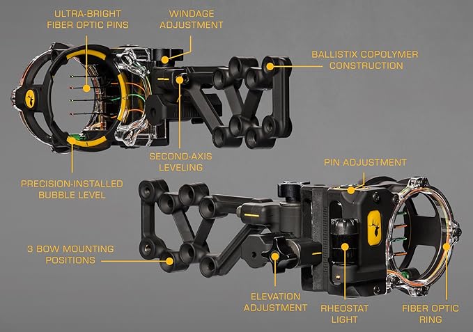 Trophy Ridge React H4 Bow Sight - 4 Pin Sight, Tool Less Windage and Elevation Adustability, 2nd Axis Leveling, Adjustable Click Light