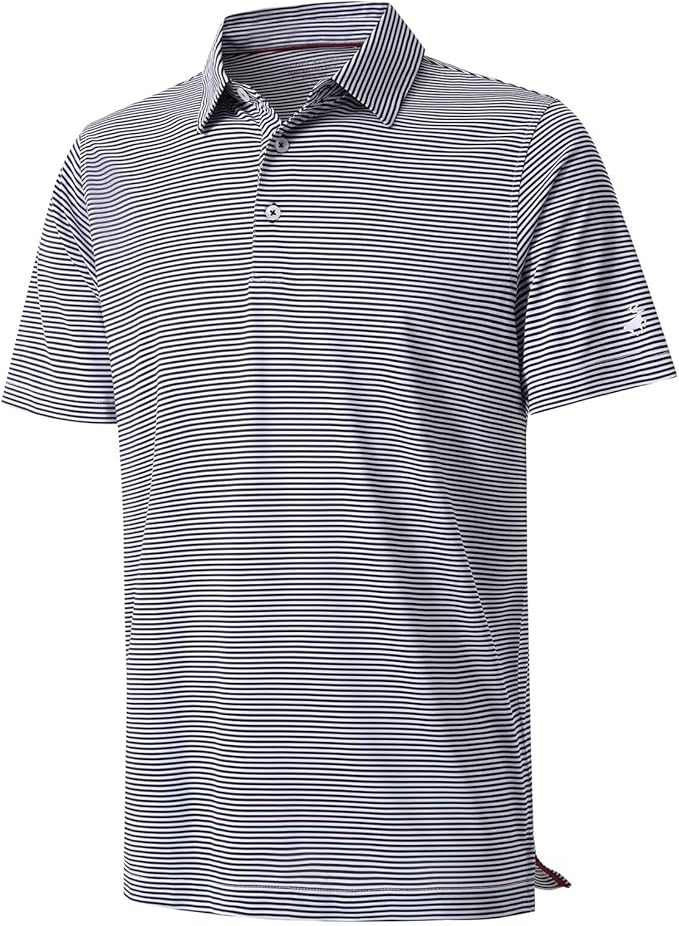 Men's striped moisture-wicking golf polo shirt with a button closure and no-curl collar
