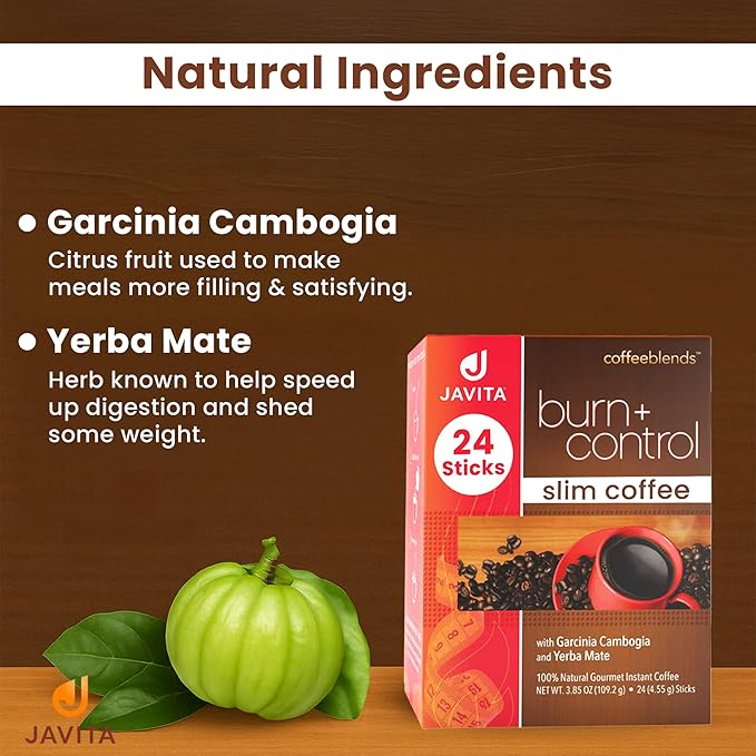 Javita Burn + Control Instant Coffee w Weight Management Herbs: Garcinia Cambogia & Yerba Mate - Slim Coffee with Help of Exercise, Keto Coffee for Diet Support, 1 box - 24 (4.55g) Sticks