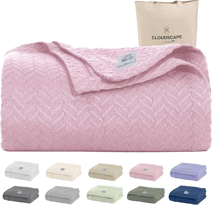 Cloud Scape Linen 100% Cotton Queen Size Blanket, Herringbone Pattern, Lightweight Summer Blanket,Best Gifts for Women, fits Full Size Bed, 92 x 92, Seashell Pink
