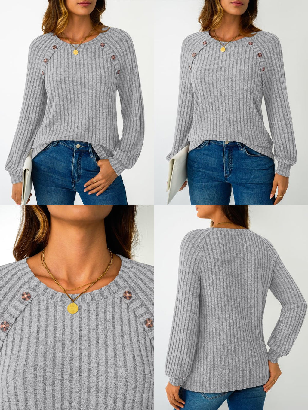Women's Long Sleeve Tops - Fall Lightweight Sweaters with Shoulder Buttons