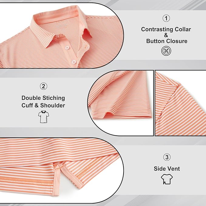 Men's Performance Striped Golf Polo Moisture Wicking Sport Shirt