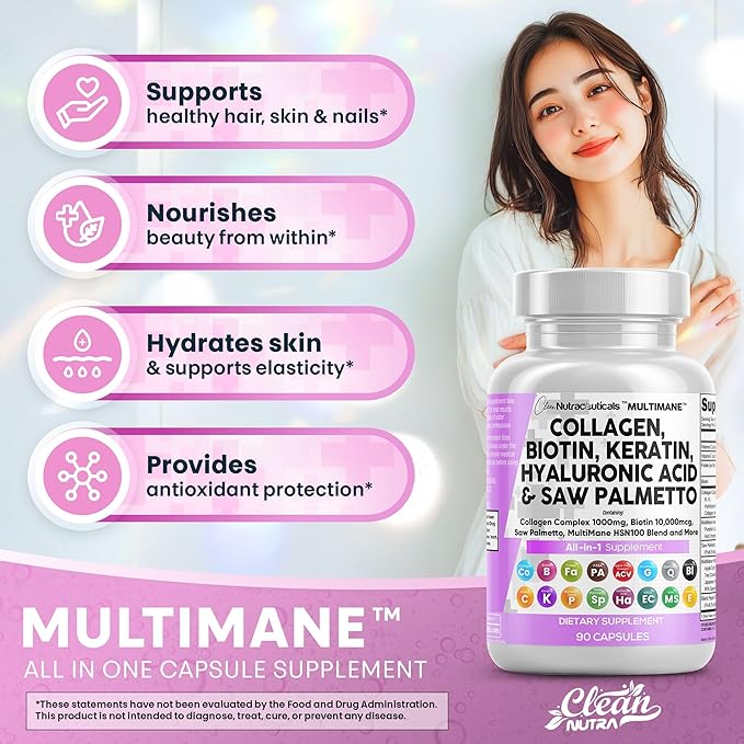 Clean Nutraceuticals Collagen Pills 1000mg Biotin 10000mcg Keratin Saw Palmetto Hyaluronic Acid - Hair Skin & Nails Vitamins & DHT Blocker with Vitamin E Folic Acid Pumpkin Seed MSM - 90 Count