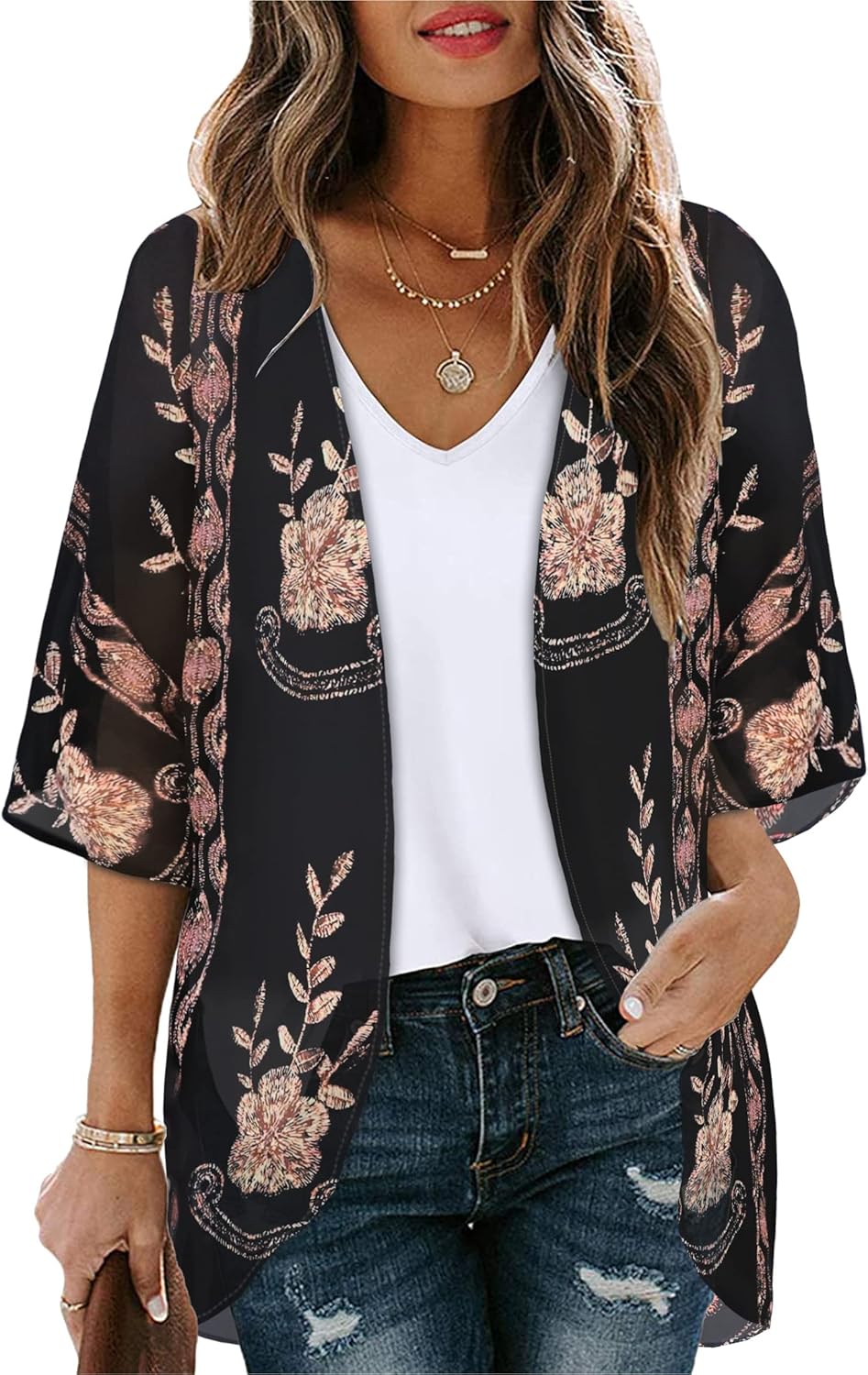 Floral Print Kimono Cardigan Women Puff Sleeve Cover Up Casual Blouse Loose Top