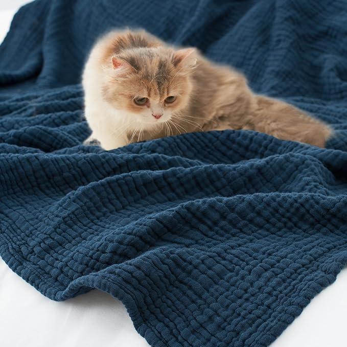 Carriediosa 100% Cotton Muslin Throw Blanket 70" X 80" Twin Size，4-Layers Summer Gauze Throws for Bed Couch，Soft Lightweight Breathable Linen Blankets Bedspread for Adults All Season，Navy Blue