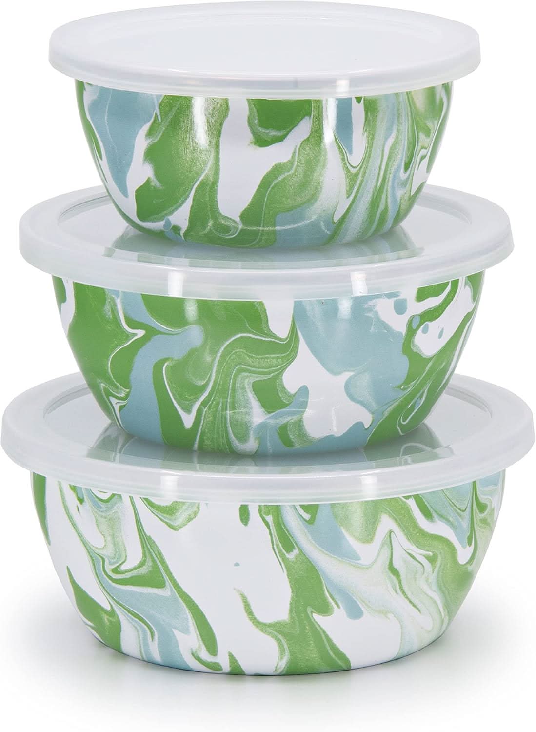Modern Monet Enamelware Nesting Bowls Set in Green Blue White