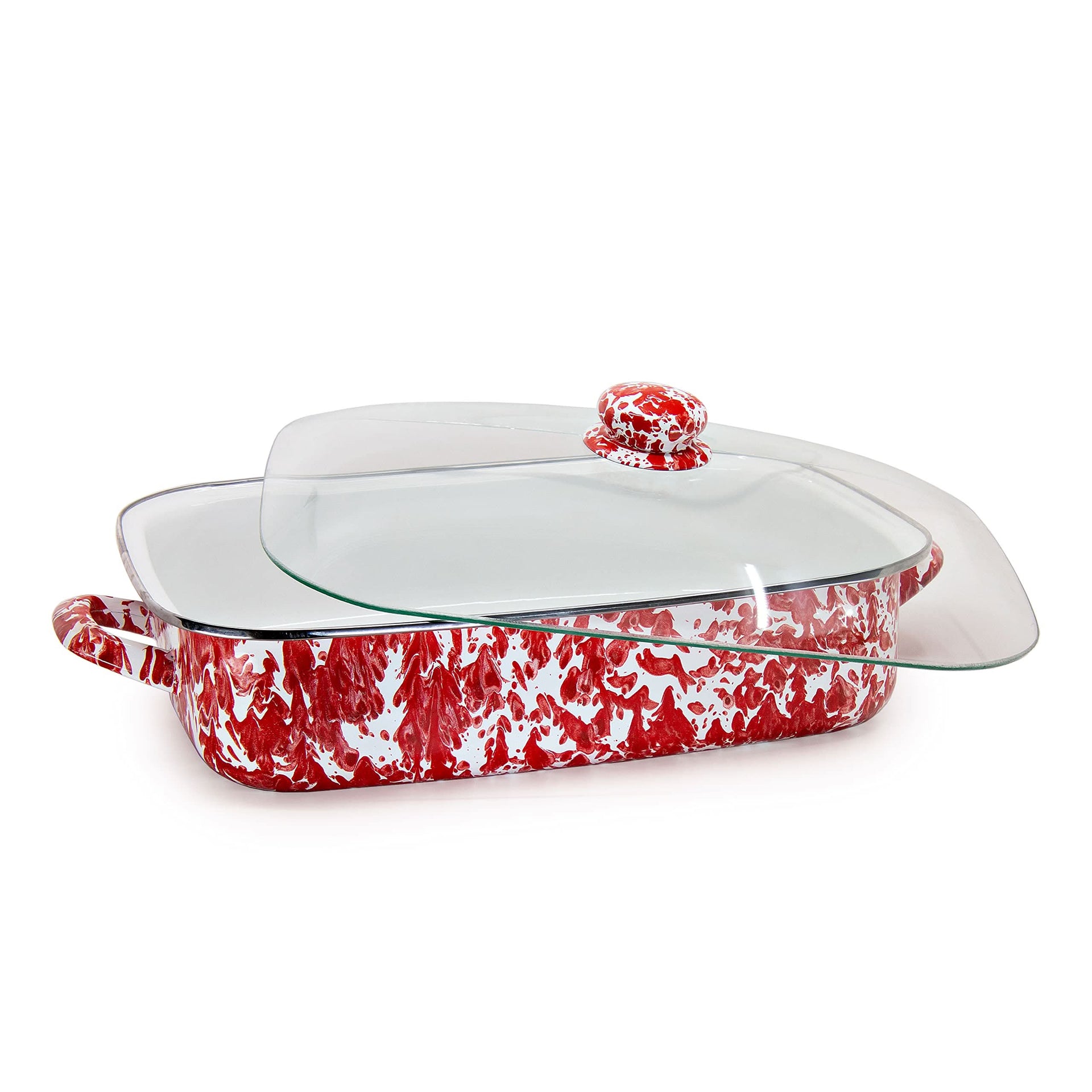 10.5qt Enamelware Roasting Pan with Tempered Glass Lid, Black Swirl