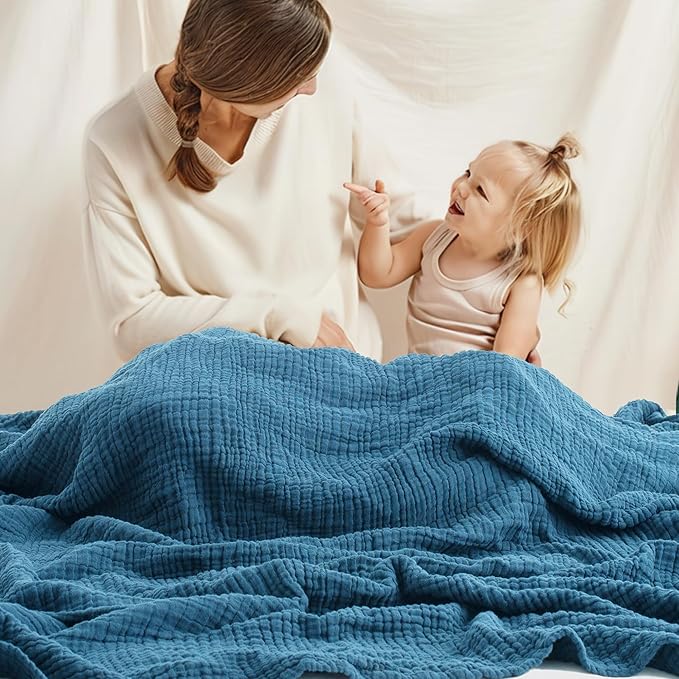 Carriediosa 100% Cotton Muslin Throw Blanket 90" X 90" Queen Size，4-Layers Summer Gauze Throws for Bed Couch，Soft Lightweight Breathable Linen Blankets Bedspread for Adults All Season，Dusty Blue