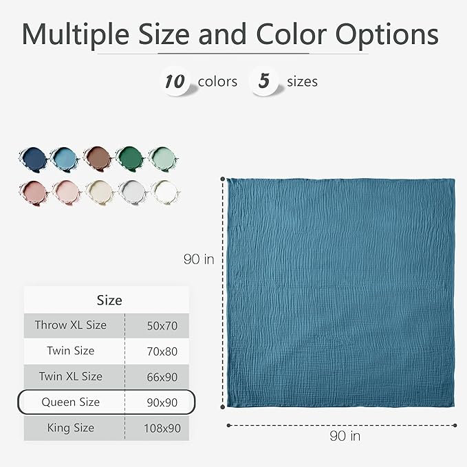Carriediosa 100% Cotton Muslin Throw Blanket 90" X 90" Queen Size，4-Layers Summer Gauze Throws for Bed Couch，Soft Lightweight Breathable Linen Blankets Bedspread for Adults All Season，Dusty Blue