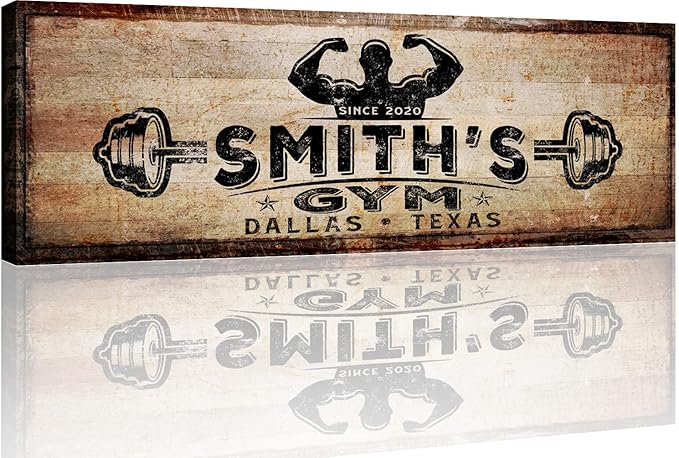 TAILORED CANVASES Personalized Gym Sign Wall Art Decor - Motivational Canvas s for Home Gym, Workout Room, Garage, Fitness Center - Workout Inspirational Posters - Gym Name on Rustic Copper, 48x16in