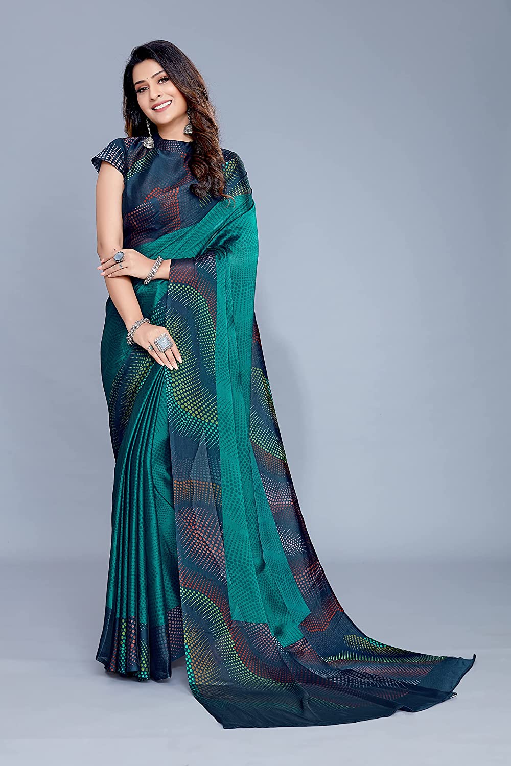 Teal Chiffon Saree with Colorful Moire Print for Festive Wear