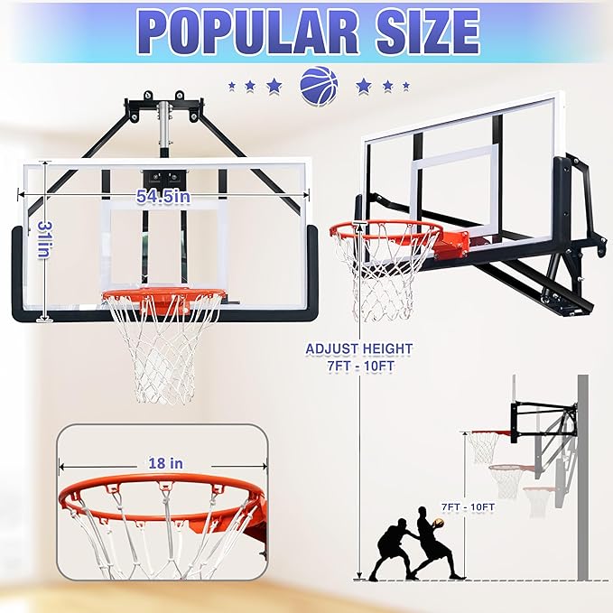 54.5" Wall Mounted Basketball Hoop Adjustable Height Basketball Goal Indoor Outdoor Use Easy Assemble Perfect for Garage Fitness Center Barn School Gym Camp Driveway and More