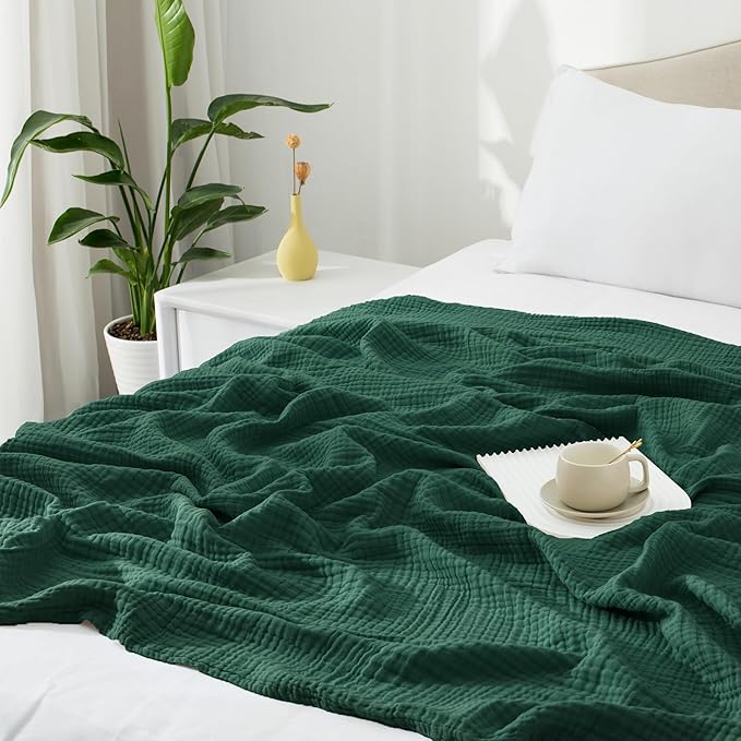 Carriediosa 100% Cotton Muslin Throw Blanket 108" X 90" King Size，4-Layers Summer Gauze Throws for Bed Couch，Soft Lightweight Breathable Linen Blankets Bedspread for Adults All Season，Dark Green