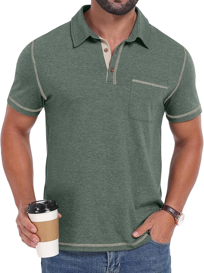 Men's Classic Textured Cotton Short Sleeve Polo Shirt with Pocket