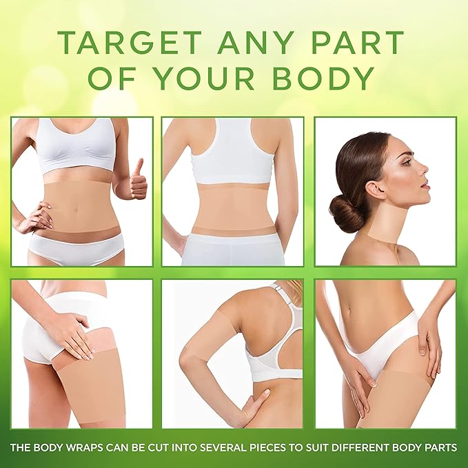 Tummy Body Wrap with Guarana, Green Tea, Seaweed Wraps Works for Stomach Belly Legs Arms Abdomen. (4 Wraps + Gel)