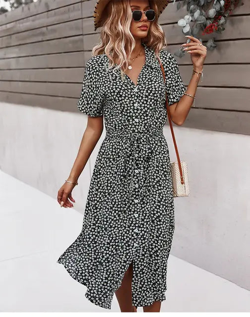 Women's Floral Midi Dress with V Neck and Tie Waist - Image 3
