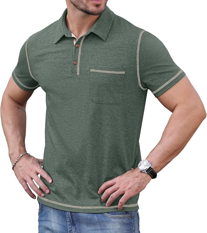 Men's Classic Textured Cotton Short Sleeve Polo Shirt with Pocket