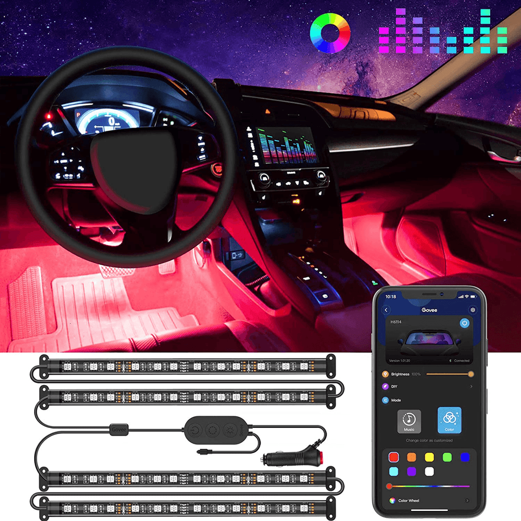 Multicolor RGB LED car interior strip lights illuminating a vehicle dashboard.