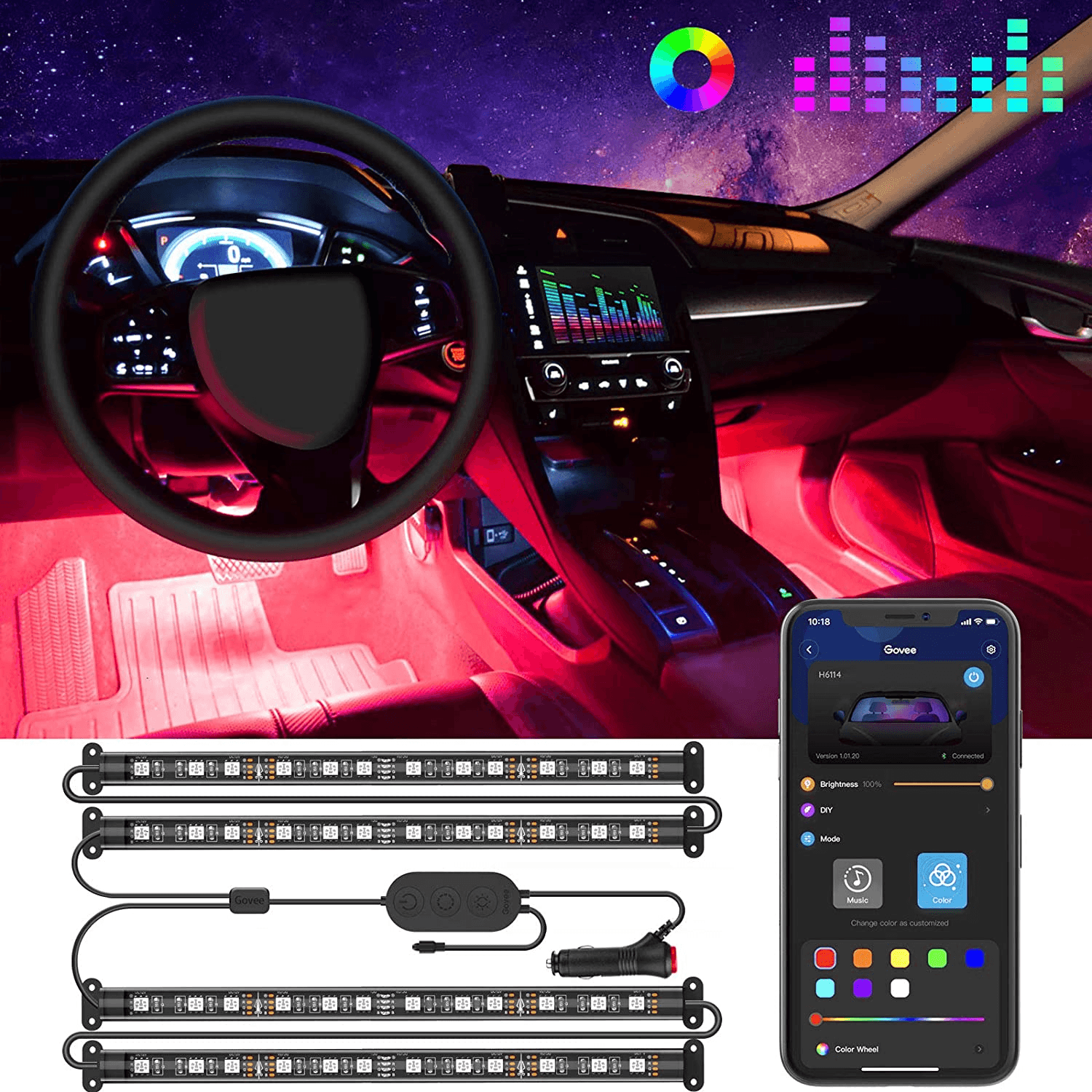 RGB LED Car Strip Lights with App Control & Music Sync Waterproof