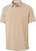 Men wearing a light tan and white striped moisture-wicking golf polo shirt with a collared neckline.