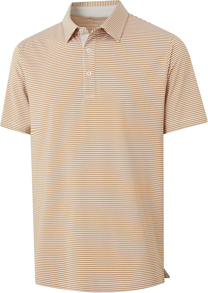 Close-up of a men's moisture-wicking golf polo with pinstripe pattern and contrasting collar piping