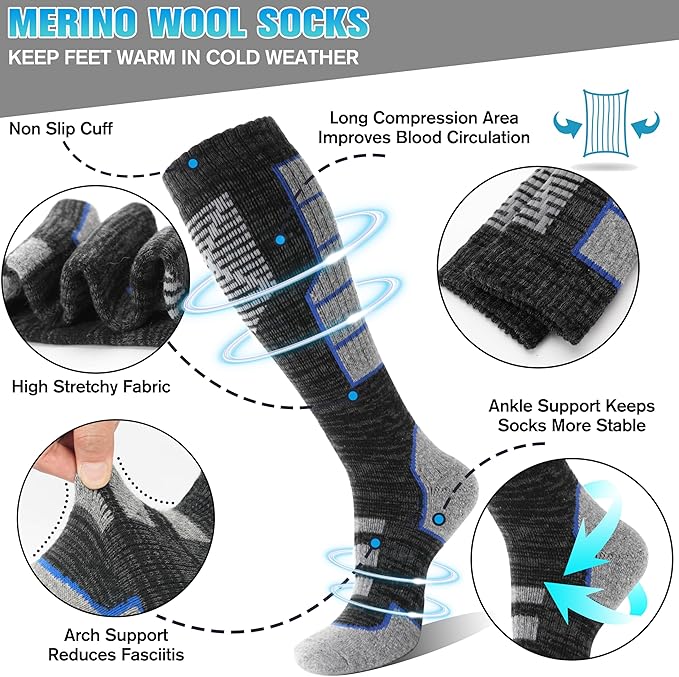 Anlisim 3 Pairs Unisex Merino Wool Ski Thermal Warm Thick Knee High Long Socks