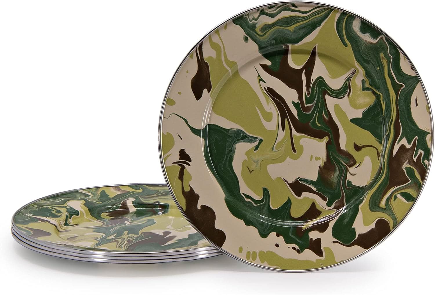 Set of four 10.5-inch Golden Rabbit enamelware dinner plates featuring a camouflage pattern