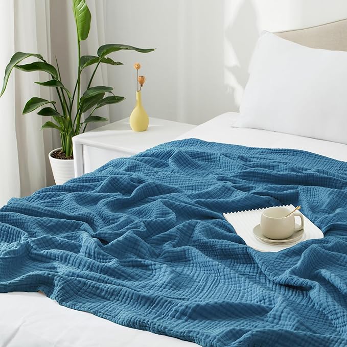 Carriediosa 100% Cotton Muslin Throw Blanket 108" X 90" King Size，4-Layers Summer Gauze Throws for Bed Couch，Soft Lightweight Breathable Linen Blankets Bedspread for Adults All Season，Dusty Blue