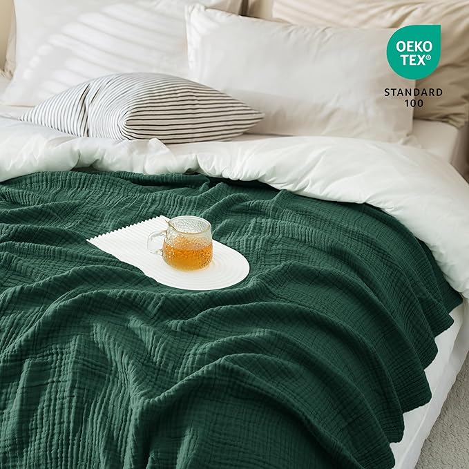 Carriediosa 100% Cotton Muslin Throw Blanket 90" X 90" Queen Size，4-Layers Summer Gauze Throws for Bed Couch，Soft Lightweight Breathable Linen Blankets Bedspread for Adults All Season，Dark Green