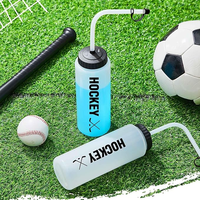 Domensi 4 Pack 1 Liter Sports Water Bottle W/Long Straw Hockey Lacrosse BPA Free Easy Squeeze Plastic Bottle Use W/Sport Helmet in Football Baseball Gym Yoga (Translucent,Novel)