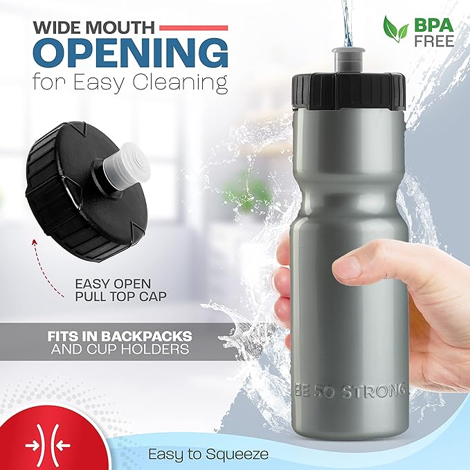 Bike Water Bottle Holder & Bottle Combo – 2-Pack 22 oz Sports Squeeze Bottles with Pull Top Cap & Easy-Install Bike Cage – Made in USA – 50 Strong Brand
