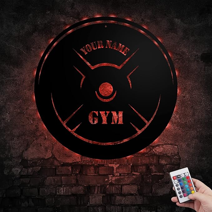 Personalized Home Gym LED Tin Metal Sign Multiple Sizes, Gym Sign Wall Decor, Exercise Workout Room Decor Fitness Center, Motivational Inspirational Hanging Wall Art Wall Plaque (05 w/lights)