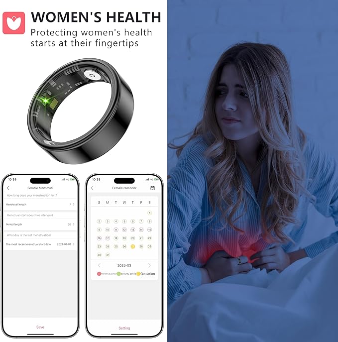 Thin Smart Ring for Fitness & Health Tracking -Pedometer,Sleep/Heart Rate/Blood Oxygen Monitor, Gesture Control / 5ATM Waterproof -No APP Subscription Compatible with Android& iOS (Black, 10)