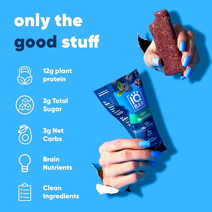 IQBAR Brain and Body Plant Protein Bars - Wild Blueberry - 36-Count Low Carb - Gluten Free, High Fiber, Vegan Snacks - Low Sugar Meal Replacement