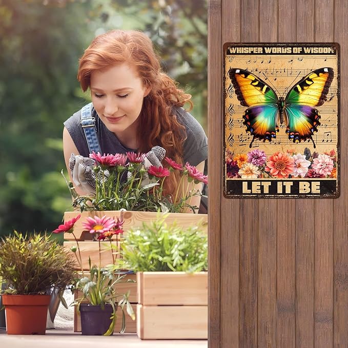 Vintage Garden Tin Sign Whisper Words Of Wisdom Let It Be Retro Butterfly Metal Poster Funny Wall Art Cafe Office Wall Decor for Kitchen Home Bar Pub Club 12 * 16inch