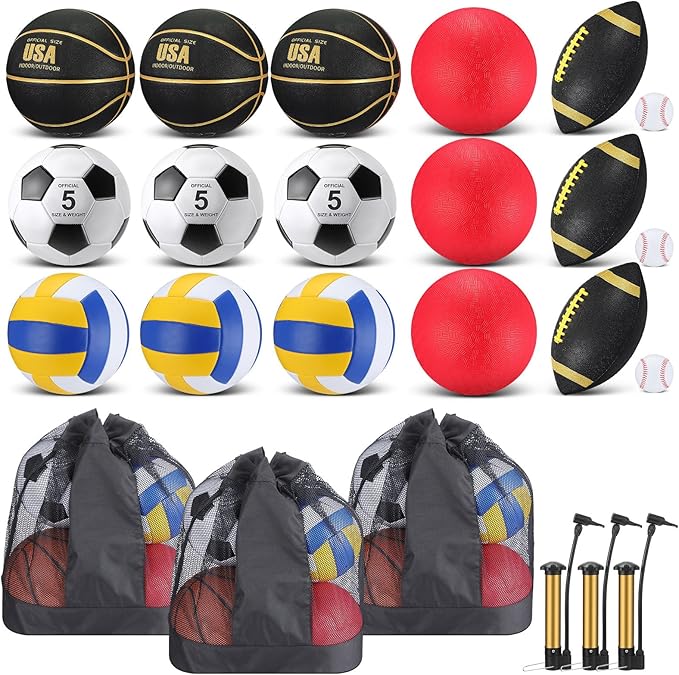 Leyndo 18 Pcs Sport Balls Bulk Set Basketball Football Volleyball Soccer Playground Baseball with Sport Equipment Bag Pump for Youth Adults Outdoor Indoor Practice Gift Back to School