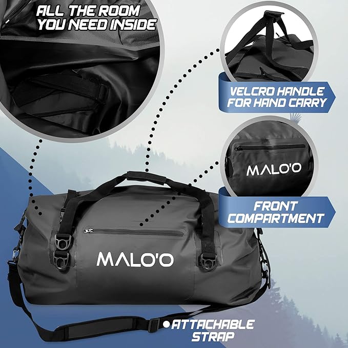 Malo'o Waterproof Dry Bag Duffel 40L/60L/100L, Roll Top Duffel Keeps Gear Dry for Kayaking, Rafting, Boating, Swimming, Camping, Hiking, Beach, Fishing - Internal & External Pockets and Molle Loops