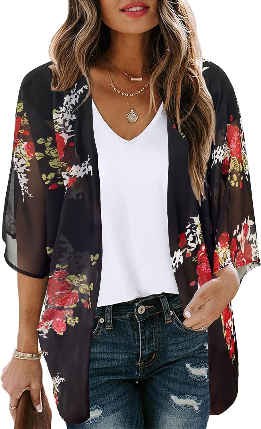 Floral Print Kimono Cardigan Women Puff Sleeve Cover Up Casual Blouse Loose Top