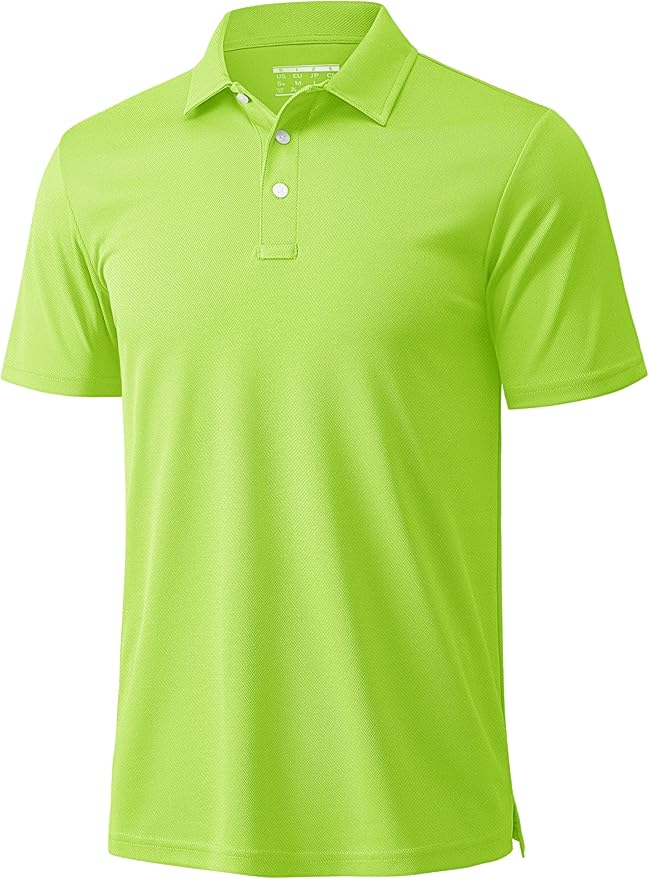 Men's neon-green short sleeve golf polo shirt with 3-button placket and rib-knit cuffs