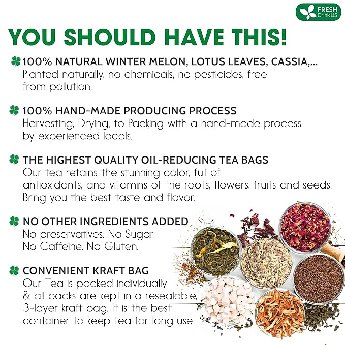 FRESHDRINKUS, 30 Packs of Oil Reducing Tea, Oil Cleansing for Liver, 10 Herbal Ingredients, Traditional Recipe Tea for Liver, 100% Natural, Easy Brewing, Steep Repeatedly (30 Packs)