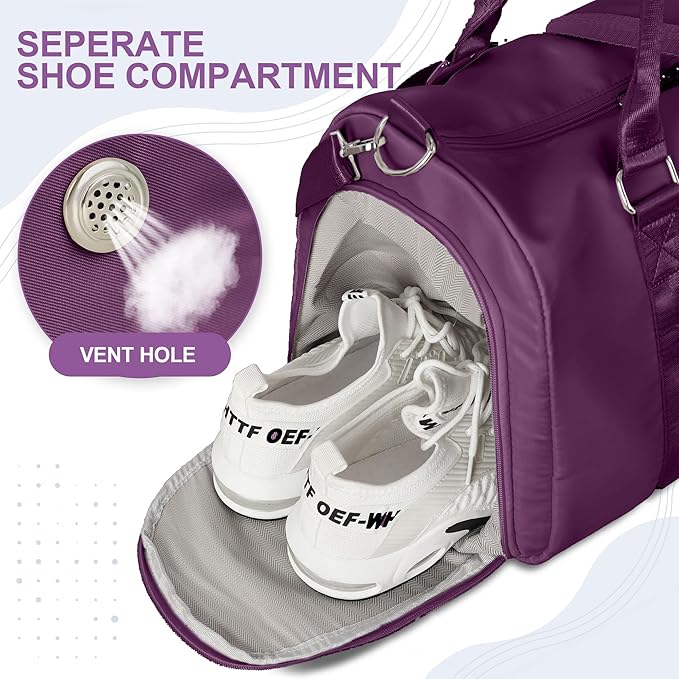 FIORETTO Womens Gym Tote Duffle Bag with Wet Pocket & Shoe Compartment, Sports Duffel Overnight Weekender Hospital Workout Carry on Bag for Girls, Ideal for Travel, Swimming, Dance, Ballet Dark Purple
